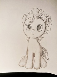 Size: 1280x1725 | Tagged: safe, artist:orchid-to-the-winter, pinkie pie, earth pony, pony, g4, female, looking at you, looking up, monochrome, pencil drawing, sitting, smiling, solo, traditional art