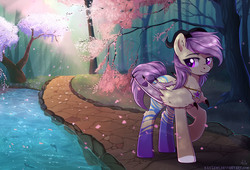 Size: 2335x1585 | Tagged: safe, artist:kaylemi, oc, oc only, pony, cherry blossoms, female, flower, flower blossom, horns, mare, smiling, solo, water, wings