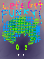 Size: 1534x2048 | Tagged: safe, artist:super trampoline, oc, oc only, oc:super trampoline, abstract, abstract background, afro, fangs, funk, funky, green eyes, minimalist, modern art, poster, psychedelic, text