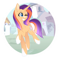 Size: 1058x1053 | Tagged: safe, artist:doekitty, oc, oc only, oc:glisten, pony, unicorn, female, mare, next generation, offspring, parent:starlight glimmer, parent:sunburst, parents:starburst, raised hoof, smiling