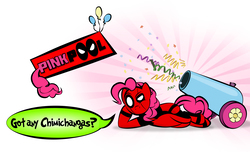 Size: 1378x836 | Tagged: safe, artist:dan232323, pinkie pie, g4, clothes, cosplay, costume, crossover, deadpool, female, marvel, party cannon, pinkiepool, pose, solo, speech bubble