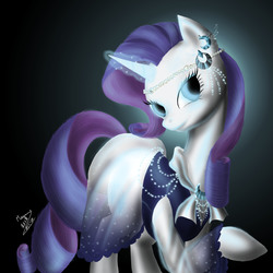 Size: 3543x3543 | Tagged: safe, artist:megumi-arakaki, rarity, g4, clothes, dress, female, glowing horn, headband, high res, horn, jewelry, raised hoof, solo