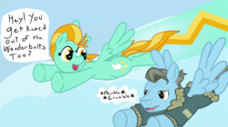 Size: 1081x605 | Tagged: safe, artist:letterbomb, lightning dust, wind rider, pegasus, pony, g4, bomber jacket, clothes, contrail, dialogue, duo, female, flying, jacket, male, mare, sky, speech bubble, speed trail, stallion