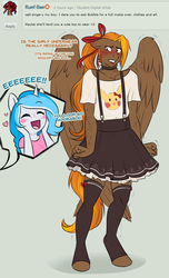 Size: 2000x3284 | Tagged: safe, artist:askbubblelee, oc, oc only, oc:bubble lee, oc:imago, oc:singe, pegasus, unicorn, anthro, unguligrade anthro, anthro oc, clothes, cousins, crossdressing, cute, deviantart, dialogue, female, freckles, high res, lipstick, male, mare, ocbetes, open mouth, skirt, smiling, stallion, stockings, suspenders, thigh highs