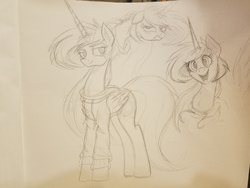 Size: 4032x3024 | Tagged: safe, artist:ncmares, princess celestia, alicorn, pony, g4, clothes, female, monochrome, photo, sketch, smiling, solo, traditional art