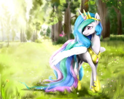 Size: 3000x2400 | Tagged: safe, artist:makkah, princess celestia, alicorn, butterfly, pony, backlighting, bright, crepuscular rays, crown, female, grass, looking at something, mare, raised hoof, regalia, scenery, smiling, solo, spread wings, sunlight, tree, walking, wings