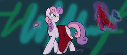Size: 2014x867 | Tagged: safe, artist:banned, sweetie belle, pony, g4, cape, clothes, cmc cape, female, solo