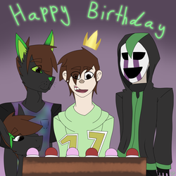 Size: 1688x1688 | Tagged: safe, artist:moonakart13, artist:moonaknight13, oc, oc only, human, birthday, birthday cake, cake, clothes, crown, food, furry, fursona, glowing text, jewelry, mask, persona, ponysona, regalia, smiling, teeth, text