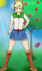 Size: 1000x1692 | Tagged: safe, artist:liniitadash23, applejack, equestria girls, g4, apple, apple tree, boots, clothes, cowboy boots, cowboy hat, denim skirt, female, food, freckles, fruit, hand on hip, hat, legs, looking at you, skirt, solo, stetson, tree