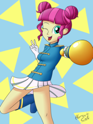 Size: 2448x3264 | Tagged: safe, artist:horsecat, majorette, sweeten sour, equestria girls, g4, background human, baton, boot, breasts, busty sweeten sour, cheerleader, clothes, cute, female, high res, one eye closed, peace sign, pleated skirt, raised leg, sideboob, skirt, solo, suika sour, thighs, tongue out, wink