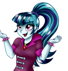Size: 1250x1300 | Tagged: safe, artist:jack-pie, sonata dusk, equestria girls, g4, my little pony equestria girls: rainbow rocks, blushing, bracelet, breasts, clothes, female, jewelry, open mouth, pendant, simple background, smiling, solo, spiked wristband, spikes, transparent background