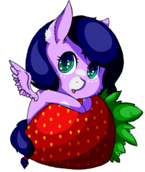 Size: 1060x1264 | Tagged: safe, artist:enghelkitten, oc, oc only, oc:violet, pegasus, pony, chibi, female, food, mare, simple background, solo, starry eyes, strawberry, tongue out, transparent background, wingding eyes