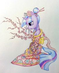 Size: 2180x2718 | Tagged: safe, artist:theonlycountfilth, twilight sparkle, semi-anthro, g4, clothes, female, geisha, hair bun, high res, kimono (clothing), kneeling, off shoulder, profile, sitting, solo, traditional art, tree, tree branch