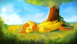 Size: 1600x920 | Tagged: safe, artist:isorrayi, oc, oc only, oc:firetale, pegasus, pony, content, eyes closed, male, nap, not fluttershy, pleasant, prone, sleeping, solo, stallion, tree, under the tree