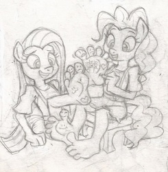 Size: 764x780 | Tagged: safe, artist:dertikleen, pinkie pie, earth pony, anthro, plantigrade anthro, g4, barefoot, body writing, clothes, drawing on toes, feet, female, fetish, foot fetish, lesbian, monochrome, pinkamena diane pie, self paradox, skirt, tickling, toes, traditional art