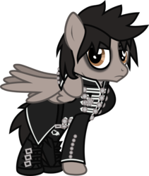 Size: 816x969 | Tagged: safe, artist:lightningbolt, derpibooru exclusive, pegasus, pony, g4, .svg available, belt, boots, buckle, clandestine industries, clothes, emo, eyeliner, eyeshadow, frown, hooves behind head, jacket, looking at you, makeup, medal, mikey way, my chemical romance, partially open wings, ponified, raised hoof, show accurate, simple background, socks, solo, svg, the black parade, transparent background, vector, wings
