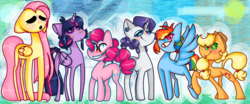 Size: 1024x425 | Tagged: safe, artist:ideekai, applejack, fluttershy, pinkie pie, rainbow dash, rarity, twilight sparkle, alicorn, pony, g4, line-up, looking at you, mane six, smiling, smirk, twilight sparkle (alicorn)