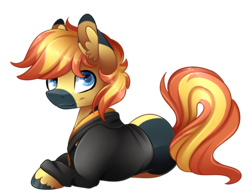 Size: 2843x2200 | Tagged: safe, artist:scarlet-spectrum, oc, oc only, oc:yaktan, earth pony, pony, clothes, colored pupils, commission, high res, looking at you, lying down, male, prone, simple background, smiling, solo, stallion, transparent background