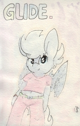 Size: 679x1070 | Tagged: safe, artist:slightlyshade, night glider, pony, g4, belly button, bipedal, clothes, female, midriff, pants, shirt, short shirt, solo, traditional art
