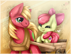 Size: 1439x1080 | Tagged: safe, artist:bloody-pink, apple bloom, big macintosh, earth pony, pony, g4, cart, eyes closed, male, siblings