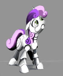 Size: 1234x1492 | Tagged: safe, artist:ponsce, sweetie belle, pony, robot, robot pony, unicorn, g4, female, filly, floppy ears, foal, gray background, hooves, horn, simple background, solo, sweetie bot