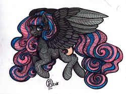 Size: 2348x1743 | Tagged: safe, artist:kimsteinandother, oc, oc only, oc:nigh heart, pegasus, pony, decorative hatching, female, looking at you, mare, simple background, solo, spread wings, traditional art, white background, wings