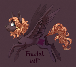 Size: 900x795 | Tagged: safe, artist:weird--fish, oc, oc only, oc:fractal, pegasus, pony, brown background, dark background, female, flying, hock fluff, looking back, mare, simple background, solo, spread wings, wings
