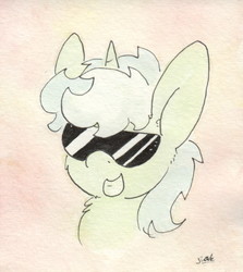 Size: 679x762 | Tagged: safe, artist:slightlyshade, lyra heartstrings, pony, g4, bust, female, portrait, smiling, solo, sunglasses, traditional art