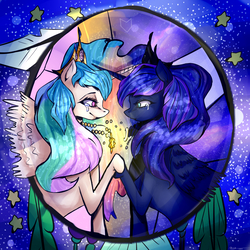 Size: 5000x5000 | Tagged: safe, artist:creepyfreddy, princess celestia, princess luna, alicorn, pony, g4, absurd resolution, crown, crying, female, holding hooves, jewelry, looking at each other, mare, raised hoof, regalia, royal sisters, sitting