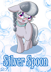 Size: 1000x1402 | Tagged: safe, artist:phoenixperegrine, silver spoon, earth pony, pony, g4, blushing, cute, female, filly, glasses, looking at you, raised hoof, silverbetes, text