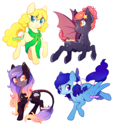 Size: 658x734 | Tagged: safe, artist:tsurime, oc, oc only, bat pony, earth pony, pegasus, pony, bow, clothes, female, floating, happy, looking back, mare, raised hoof, scarf, signature, simple background, smiling, spread wings, transparent background, wings
