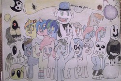 Size: 4608x3072 | Tagged: safe, artist:raventheghost, dj pon-3, pinkie pie, vinyl scratch, oc, oc:raven blake, g4, bendy and the ink machine, bendy the demon, crossover, five nights at freddy's, high res, monstercat, sans (undertale), traditional art, undertale