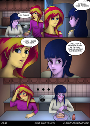 Size: 800x1120 | Tagged: safe, artist:g-glory, sunset shimmer, twilight sparkle, comic:up late, equestria girls, g4, blushing, clothes, comic, dialogue, female, food, kitchen, lesbian, pajamas, pancakes, ship:sunsetsparkle, shipping, speech bubble, stove