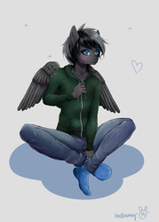 Size: 5905x8267 | Tagged: safe, artist:vanilla166, oc, oc only, oc:shadow, pegasus, anthro, absurd resolution, clothes, girly, heart, hoodie, male, simple background, sitting, socks, solo, stallion, wings