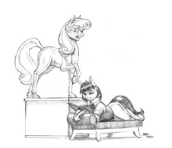 Size: 1400x1204 | Tagged: safe, artist:baron engel, oc, oc only, oc:marble vein, earth pony, pony, unicorn, book, clothes, couch, female, mare, monochrome, pencil drawing, prone, reading, simple background, sketch, smiling, solo, statue, traditional art, vest, white background