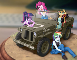 Size: 1200x935 | Tagged: safe, artist:uotapo, pinkie pie, rainbow dash, sci-twi, sunset shimmer, twilight sparkle, equestria girls, car, car:classic era, clothes, eyes closed, female, glasses, jacket, jeep, looking at you, military vehicle, my little secret base, open mouth, pants, shirt, shoes, smiling, willys jeep