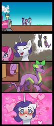 Size: 1024x2363 | Tagged: safe, artist:joan-grace, pinkie pie, rarity, spike, twilight sparkle, alicorn, dragon, pony, g4, alternate hairstyle, blushing, comic, female, heart, male, older, older spike, scar, ship:sparity, shipping, story included, straight, train, twilight sparkle (alicorn)