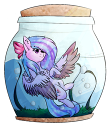 Size: 700x790 | Tagged: safe, artist:twinkepaint, oc, oc only, oc:elizabeth, pegasus, pony, bow, female, hair bow, jar, mare, pony in a bottle, simple background, solo, transparent background