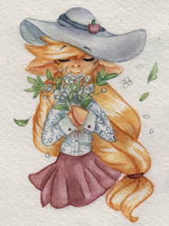 Size: 952x1272 | Tagged: dead source, safe, artist:rinioshi, applejack, earth pony, semi-anthro, g4, apple flower, beautiful, bouquet, clothes, cottagecore, eyes closed, female, floppy ears, flower, hat, hoof hold, shirt, skirt, smiling, solo, sun hat, traditional art, watercolor painting