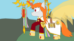 Size: 1152x648 | Tagged: safe, oc, oc only, oc:edward blaze, pony, unicorn, bible, book, cape, cleric, clothes, ethereal wings, fire, halo, magic, mountain, ms paint, religion, robe, robes, simple background, solar empire, staff, wings