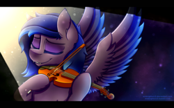 Size: 1500x938 | Tagged: safe, artist:midnightsix3, oc, oc only, oc:nyreen eventide, pegasus, pony, eyes closed, fangs, female, mare, musical instrument, smiling, solo, spotlight, violin