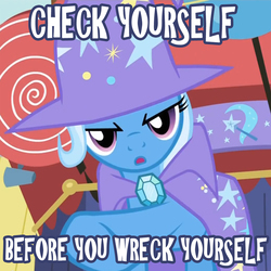 Size: 950x950 | Tagged: safe, artist:pixelkitties, trixie, pony, unicorn, g4, artifact, caption, female, image macro, mare, meme, shrek in the comments, solo