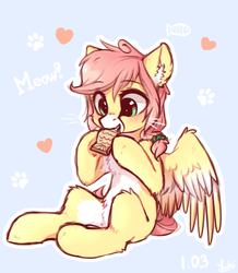 Size: 1168x1339 | Tagged: safe, artist:kaylemi, oc, oc only, cat, fish, pegasus, pony, catified, cookie, ear fluff, eating, female, food, heart, mare, meow, pale belly, pegasus oc, solo, species swap