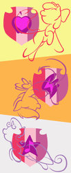 Size: 800x1933 | Tagged: safe, artist:flutterluv, part of a set, apple bloom, scootaloo, sweetie belle, earth pony, pegasus, pony, unicorn, g4, cutie mark, cutie mark background, cutie mark crusaders, female, filly, lineart, minimalist, modern art, the cmc's cutie marks, trio