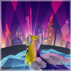 Size: 2000x2000 | Tagged: safe, artist:evakulisreal, derpy hooves, pegasus, pony, g4, city, clothes, derpfest, female, high res, mare, retrowave, solo, spread wings, wings