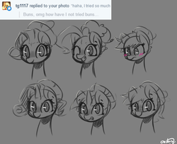 Size: 1280x1041 | Tagged: safe, artist:luxaestas, applejack, fluttershy, pinkie pie, rainbow dash, rarity, twilight sparkle, g4, alternate hairstyle, ask, bust, cute, grayscale, hair bun, looking at you, mane six, monochrome, partial color, portrait, sketch, tumblr