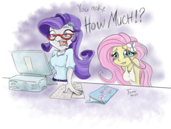 Size: 1024x768 | Tagged: safe, artist:firimil, fluttershy, rarity, equestria girls, g4, computer, embarrassed, rich, taxes