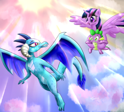 Size: 2000x1800 | Tagged: safe, artist:katakiuchi4u, princess ember, spike, twilight sparkle, alicorn, dragon, pony, g4, season 7, baby, baby dragon, claws, cloud, countdown to season 7, crepuscular rays, cute, dragoness, female, flying, male, mare, scales, signature, spikabetes, spread wings, sun, trio, twilight sparkle (alicorn), wings
