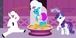 Size: 736x368 | Tagged: safe, artist:vcm1824, rarity, oc, oc:chrissy, oc:po, earth pony, pony, unicorn, g4, swarm of the century, angry, clothes, dress, dressing, dressup, female, girly, jewelry, laughing, male, mare, mare antoinette, marie antoinette, model, modeling, powdered wig, ribbon, stallion, tiara
