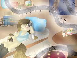 Size: 2048x1536 | Tagged: safe, artist:yomi brasi, oc, oc only, semi-anthro, bed, food, headphones, pizza, solo